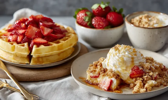 Assiettes modernes de gaufres, gâteau citron-fraises et crumble poires healthy
