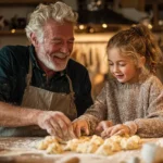 Grand-père et petite-fille en cuisine préparant des cookies healthy aux flocons d’avoine