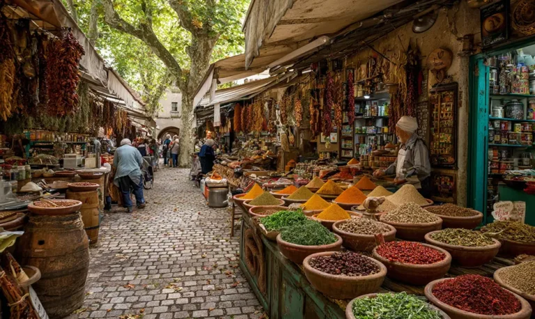 Marché oriental de Carpentras avec étals d’épices et herbes fraîches