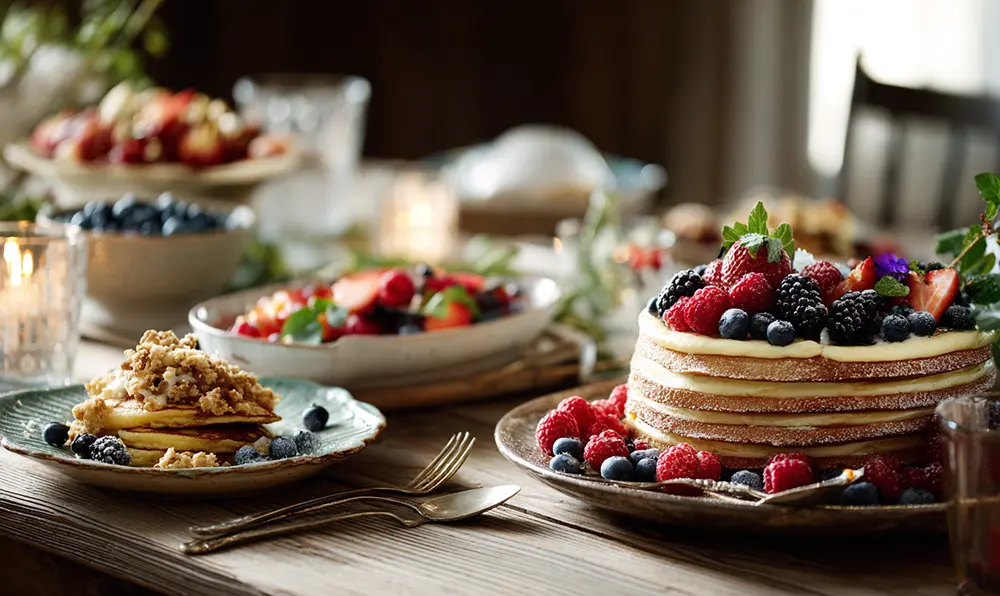 Table garnie de recettes healthy comme naked cake, pancakes et crumble