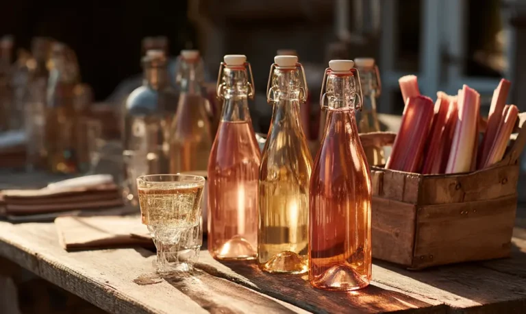 Bouteilles et verres de vin de rhubarbe maison avec tiges fraîches