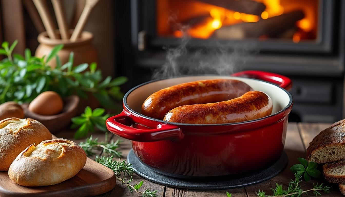 apprenez la méthode traditionnelle pour une cuisson lente et savoureuse de la saucisse de morteau, un délice authentique à savourer.